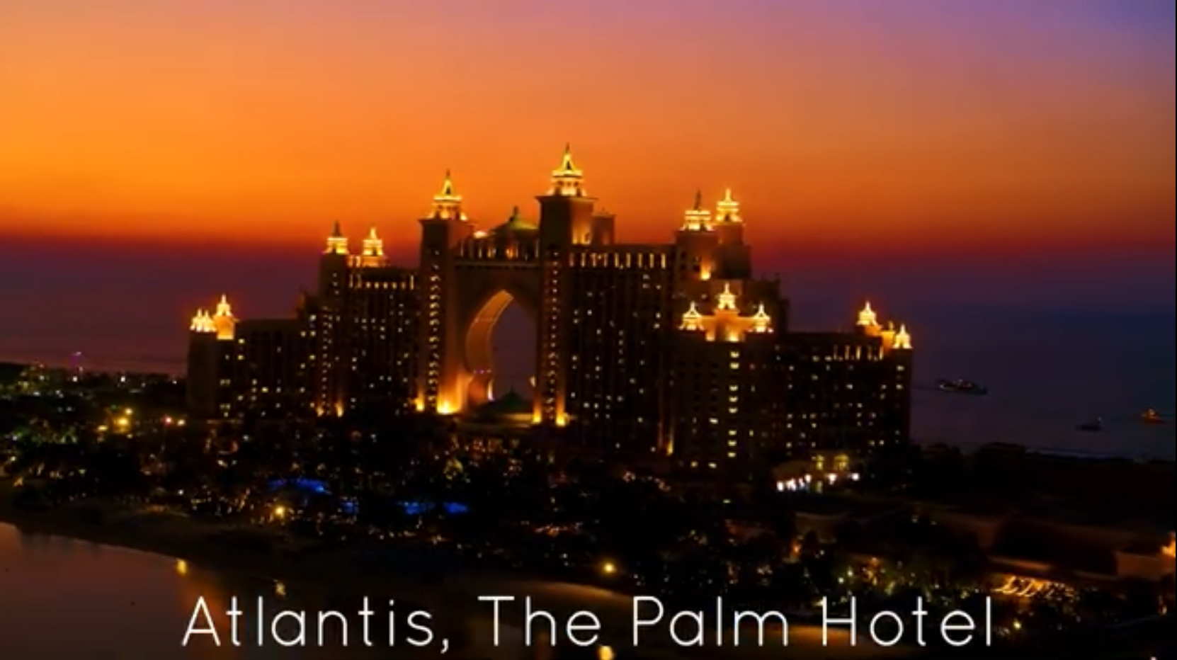 Atlantis, The Palm hotel lit up at sunset