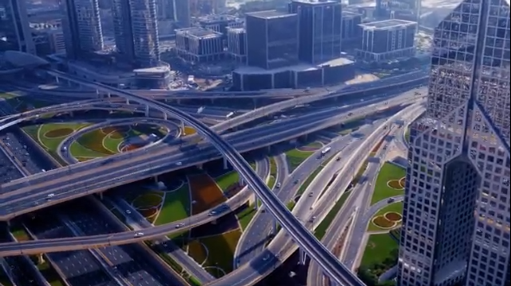 Aerial view of Dubai's interchanges and Downtown skyline