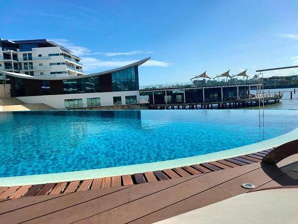 Waterfront infinity pool at Marina English Point Hotel, Mombasa