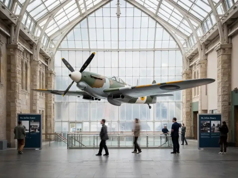 A Spitfire suspended in the atrium of the Imperial War Museum