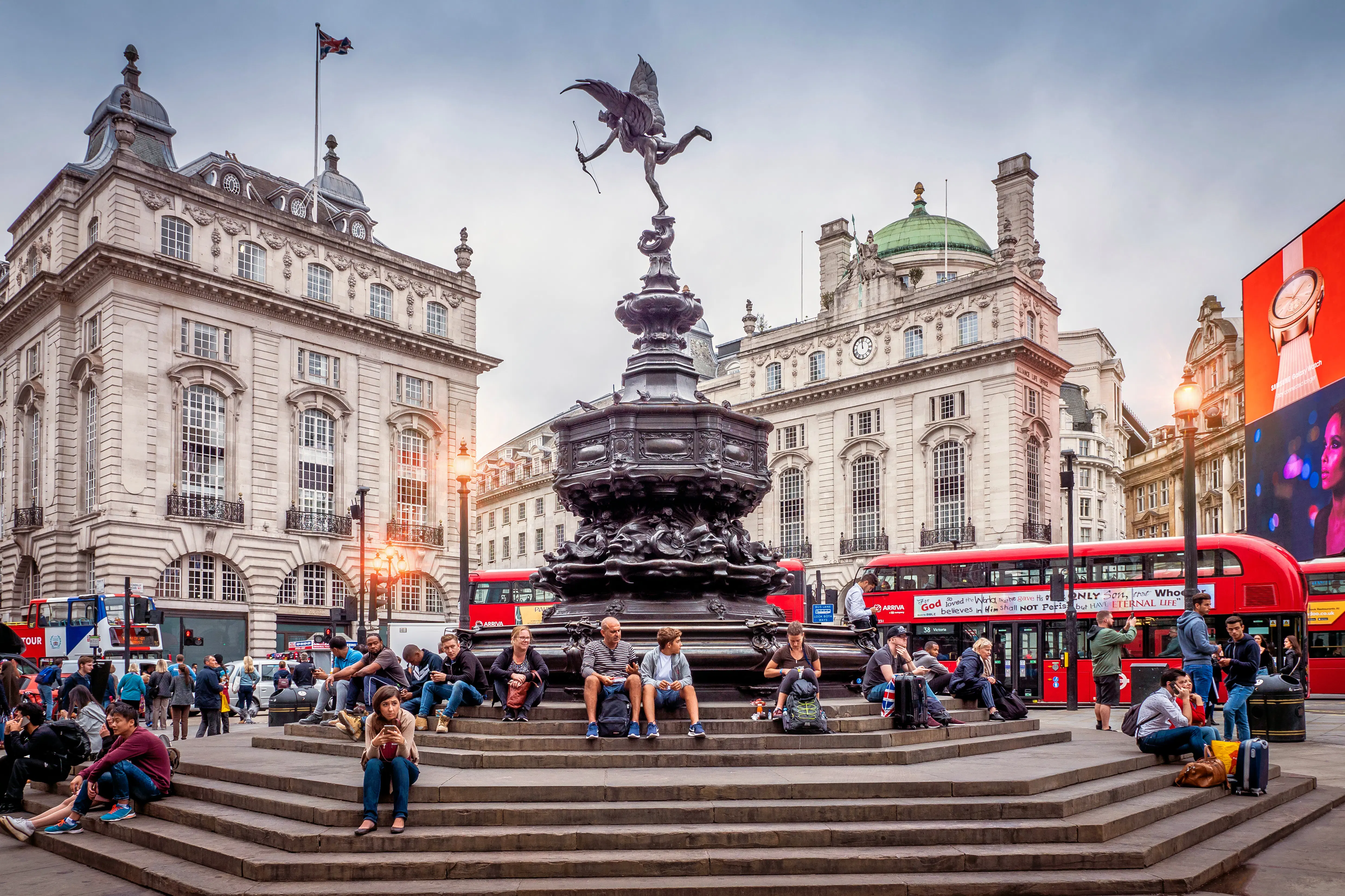 Piccadilly Circus with the Shaftesbury Memorial Fountain and red buses