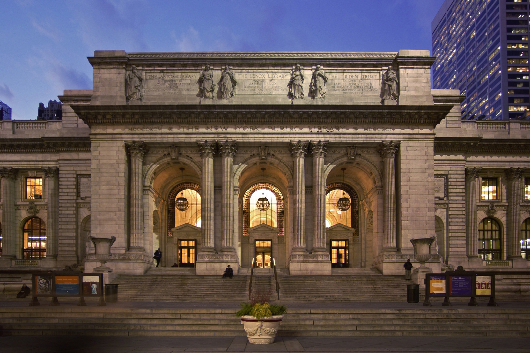 The New York Public Library's Stephen A. Schwarzman Building at dusk
